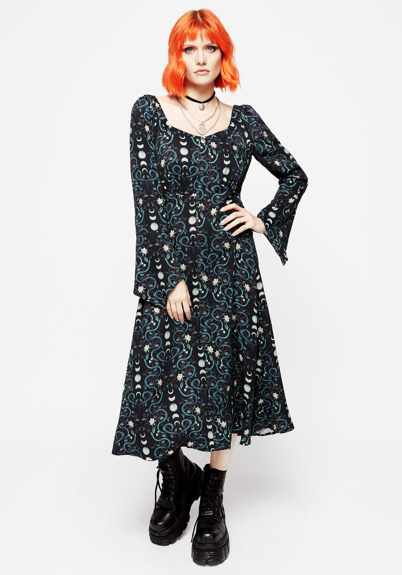 Pythia Print Flute Sleeve Midi Dress