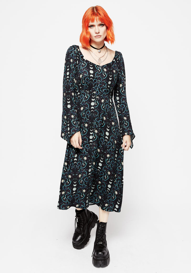 Pythia Print Flute Sleeve Midi Dress