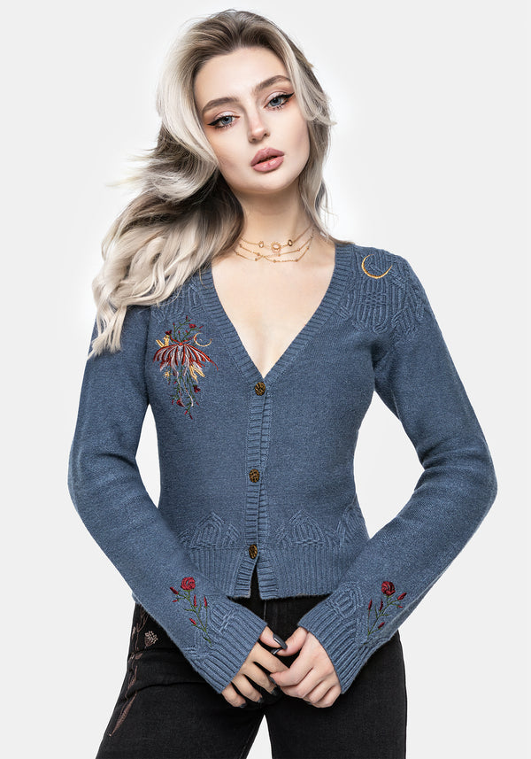 Selenia Moth Embroidered Cable Twist Knit Cardigan