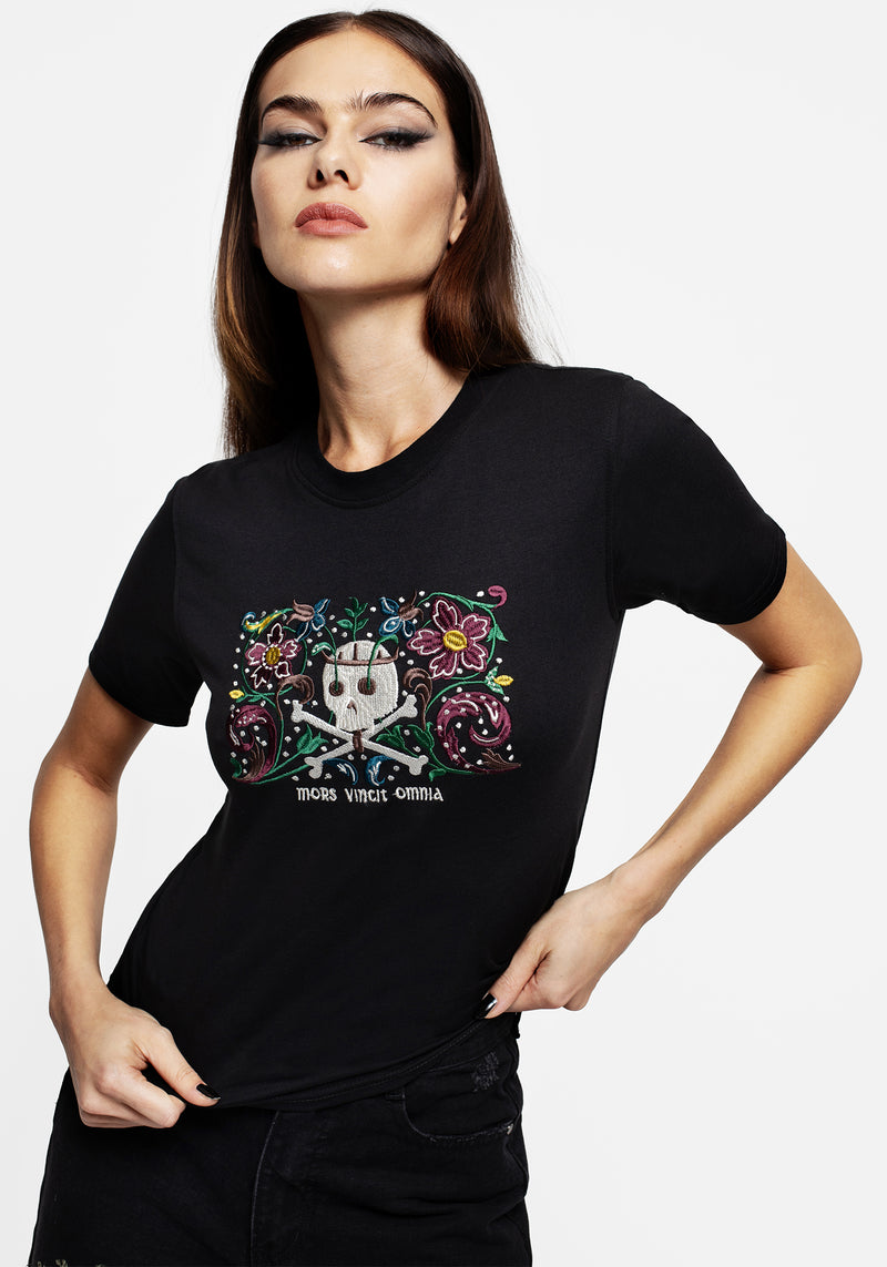 Death Conquers All Floral Skull Embroidered Graphic Crop Tee