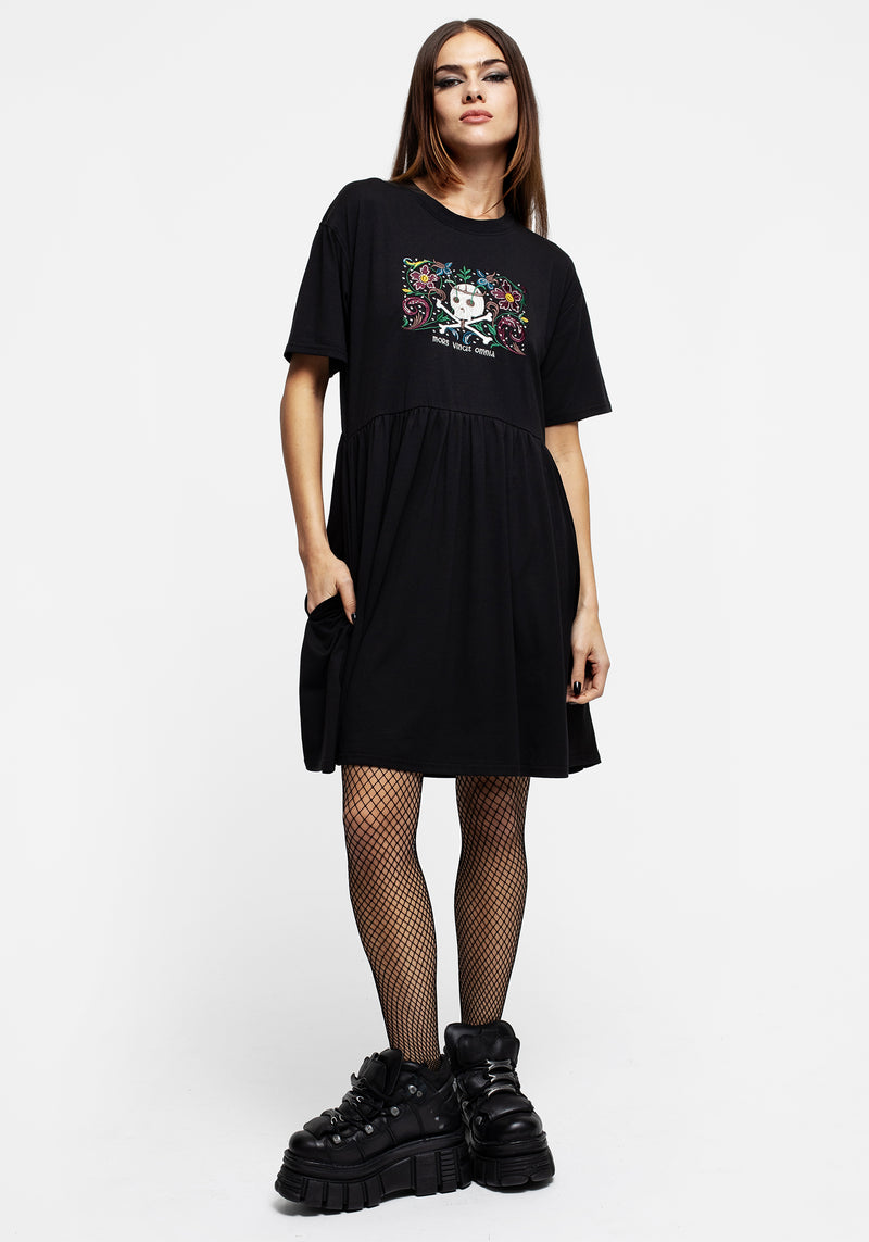 Death Conquers All Floral Skull Embroidered Mini Skater Dress