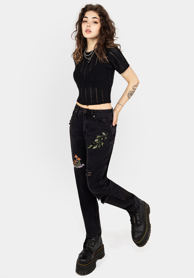 Swamplife Frog Embroidered Distressed Mom Jeans