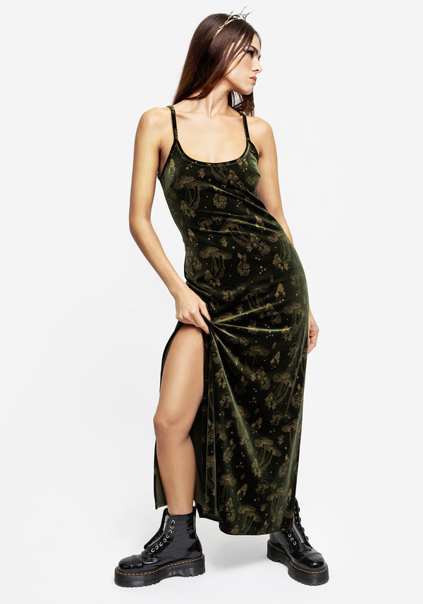 Faefire Foil Print Velour Maxi Slip Gown - Green