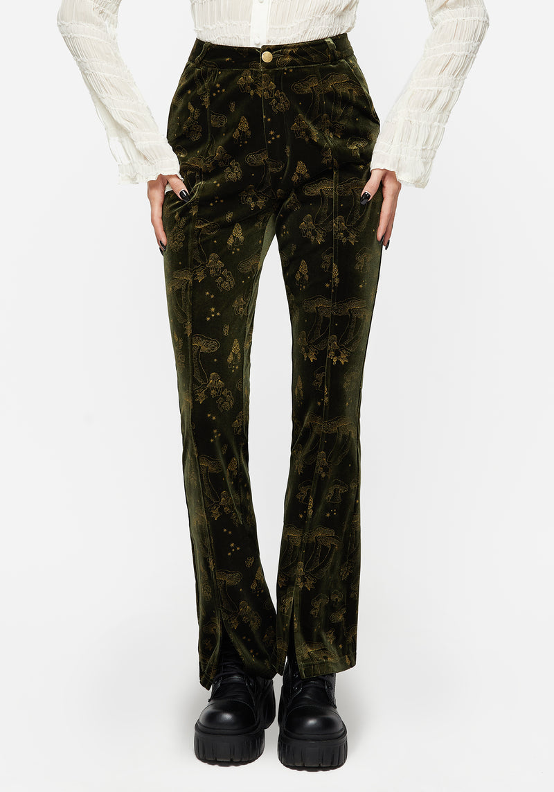 Faefire Foil Print Velour Split Slim Flare Trousers - Green