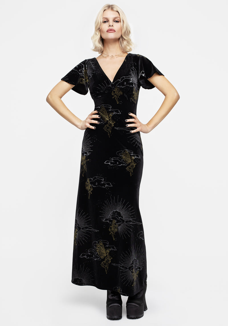 Adelina Foil Print Velour Midaxi Dress