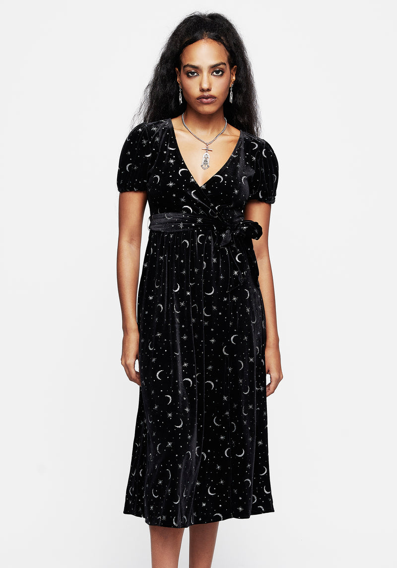 Constellation Glitter Print Velour Midi Wrap Dress