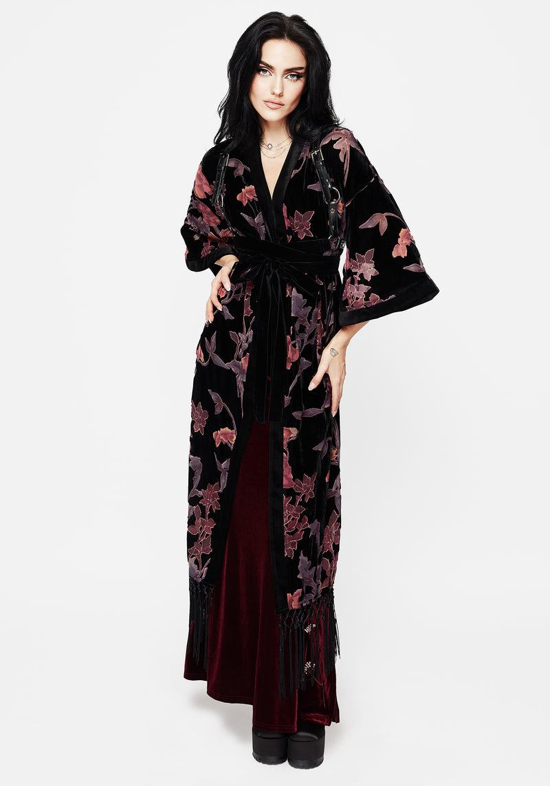 Waterlily Burnout Fringe Trim Longline Kimono