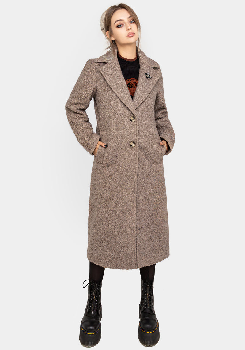 Gorgon Bouclé Longline Oversized Coat with Bee Brooch - Taupe