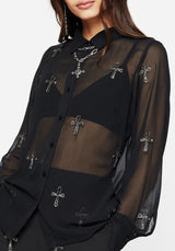 Ankh Beaded Chiffon Button Up Shirt