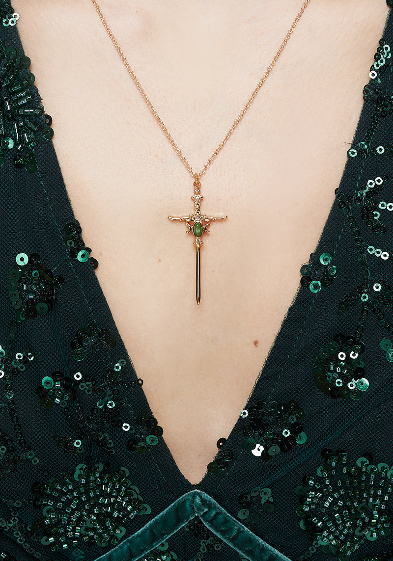 Galatine Green Stone Sword Necklace - Gold