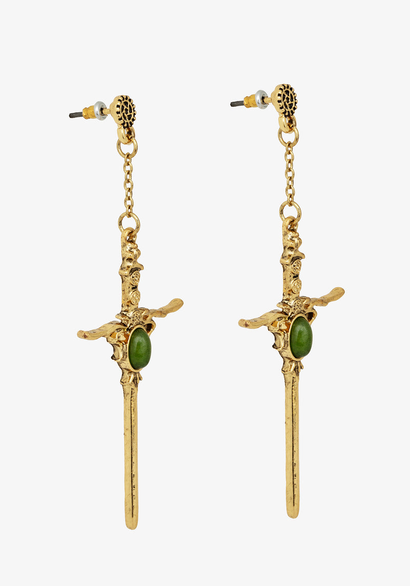 Galatine Green Stone Sword Earrings - Gold