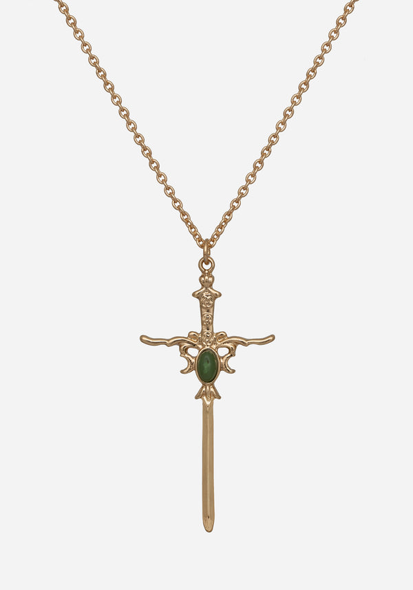 Galatine Green Stone Sword Necklace - Gold