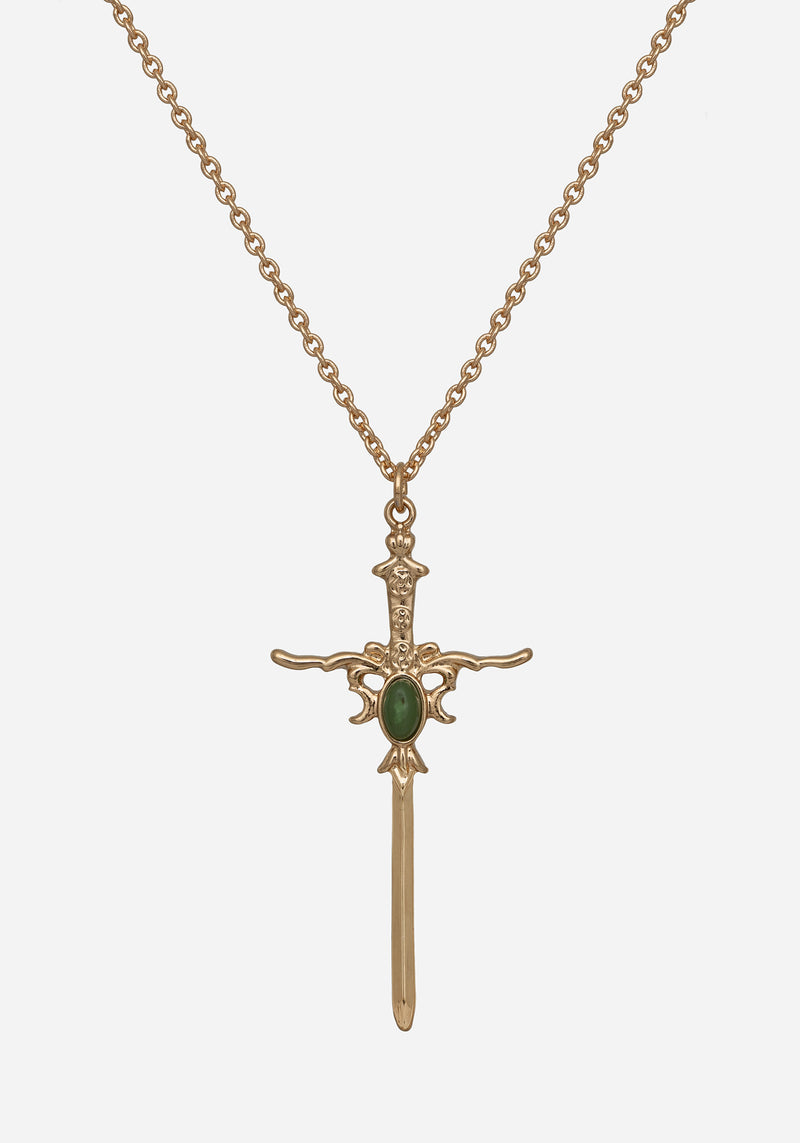 Galatine Green Stone Sword Necklace - Gold