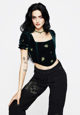 Swamplife Frog Embroidered Velour Puff Sleeve Corset Top