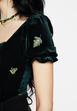 Swamplife Frog Embroidered Velour Puff Sleeve Corset Top