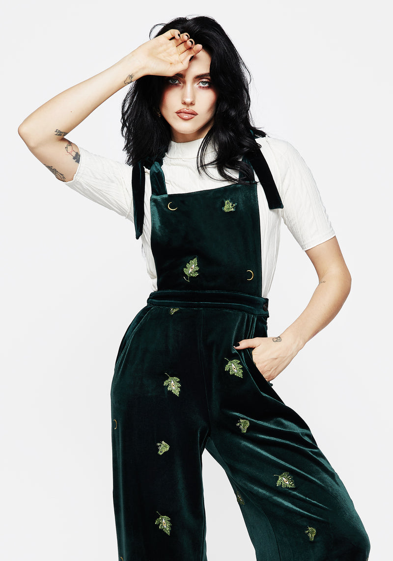 Swamplife Frog Embroidered Velour Wide Leg Dungarees