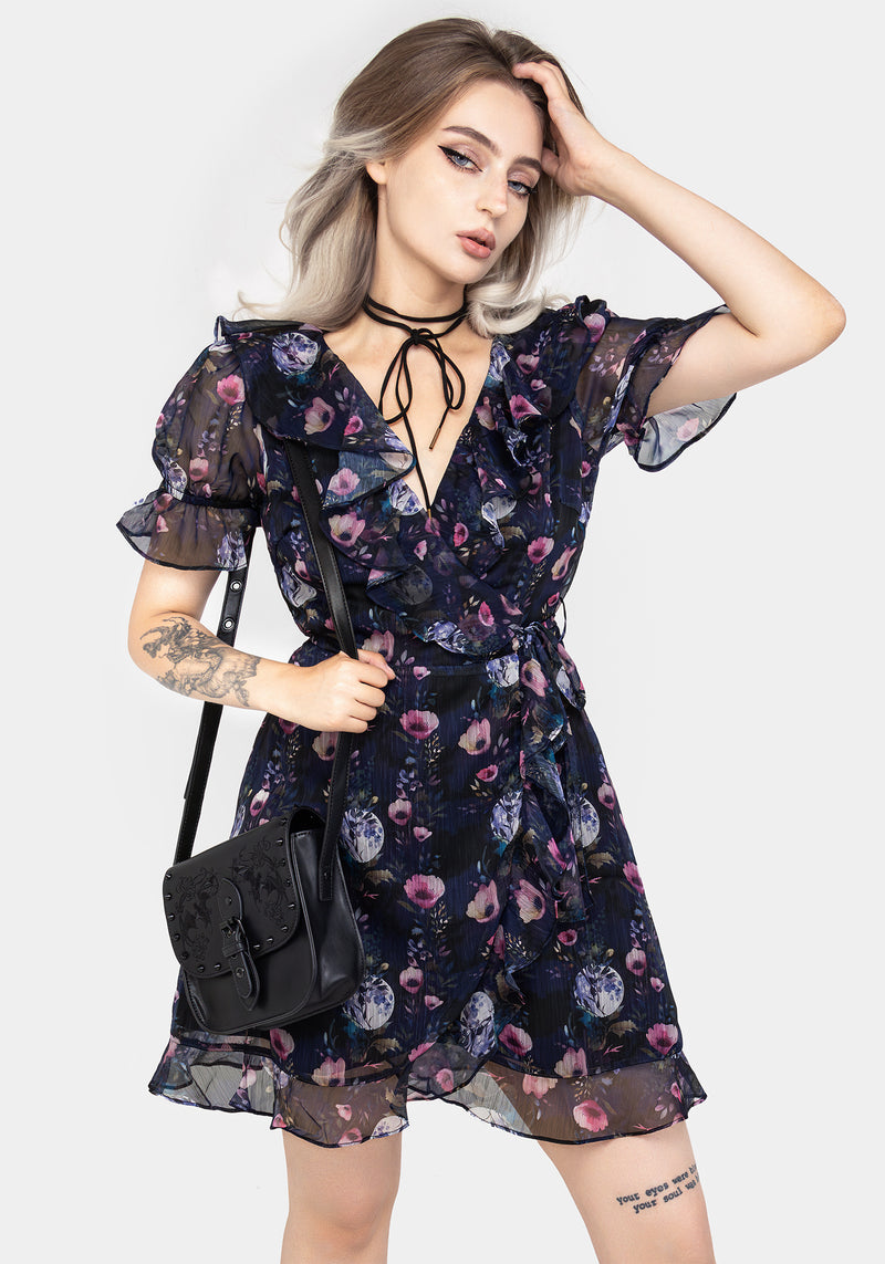 Socordia Floral Moon Chiffon Frill Wrap Mini Dress