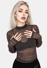 Myra Textured Mesh High Neck Long Sleeve Top