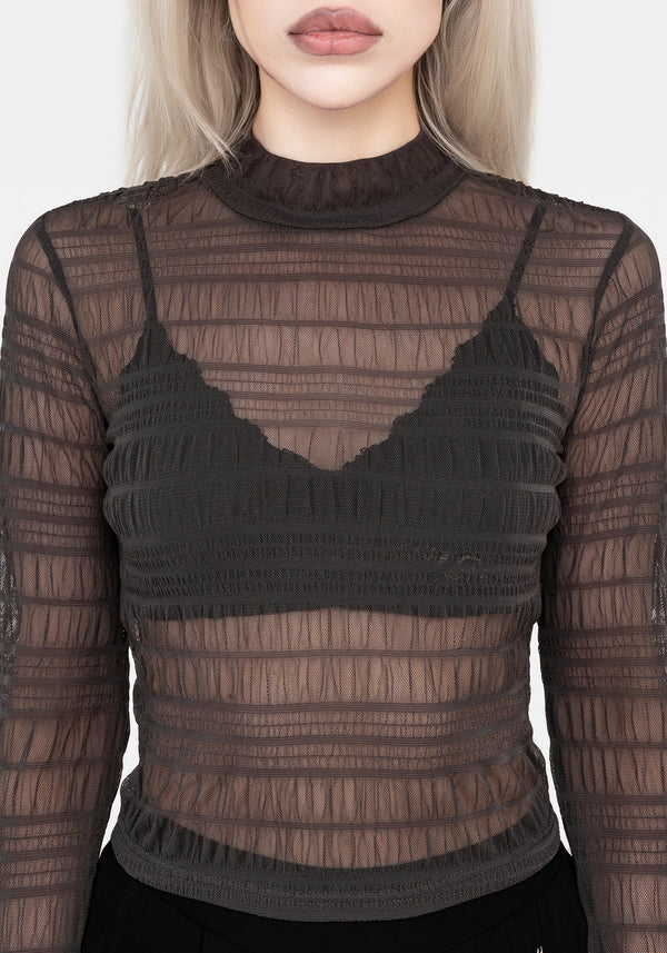 Myra Textured Mesh High Neck Long Sleeve Top