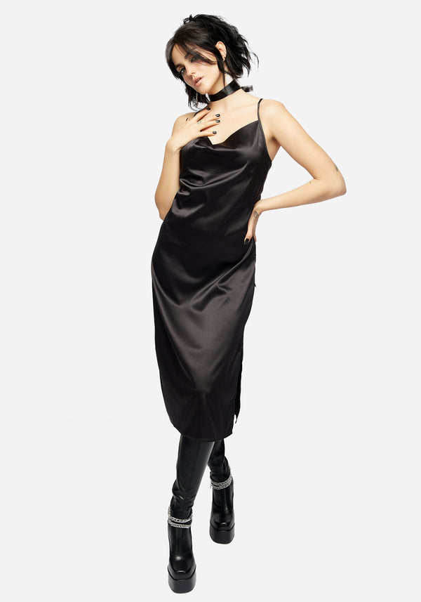 Medeina Cowl Neck Satin Midi Slip Dress - Midnight Black