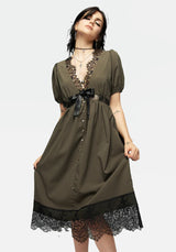 Mortuary Lace Button Up Midi Dress in Tea Leaf