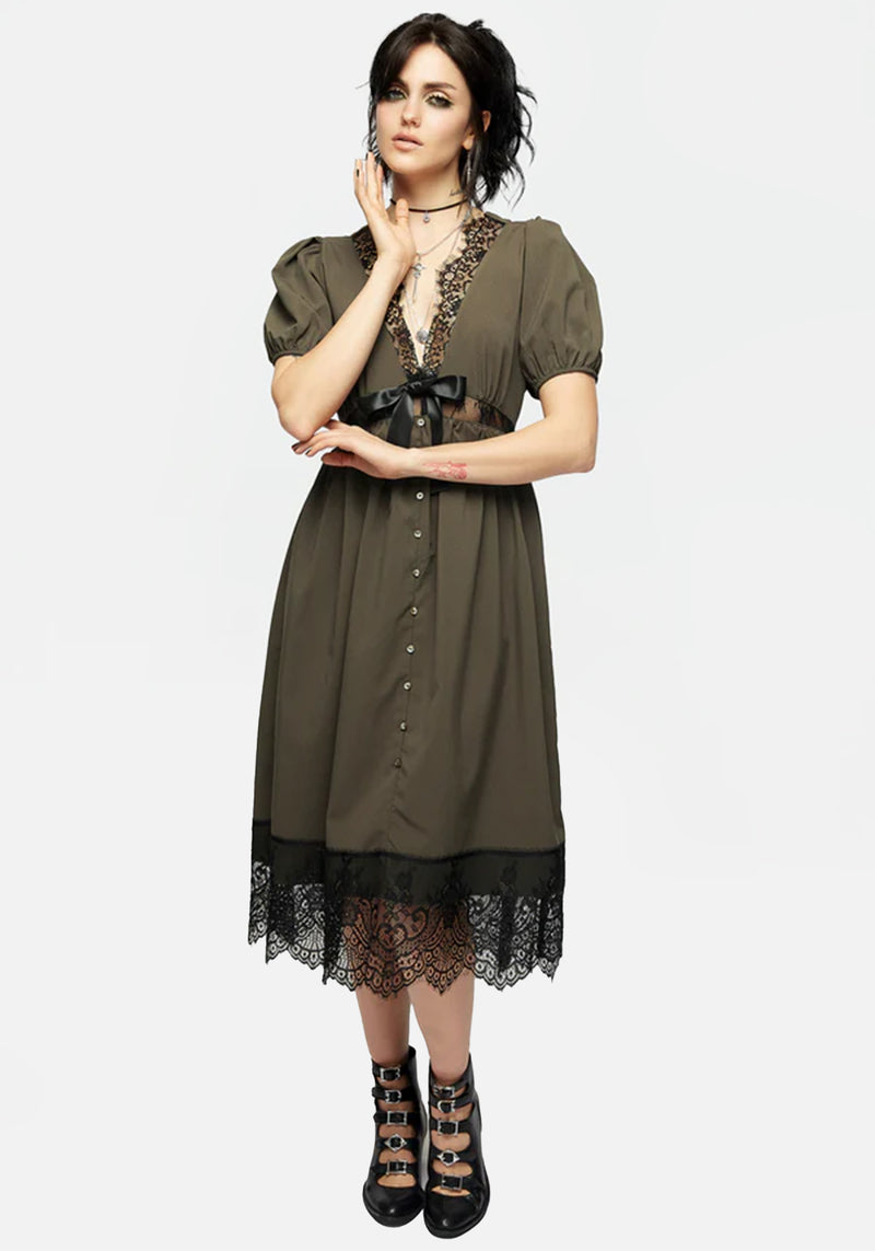 Mortuary Lace Button Up Midi Dress in Tea Leaf