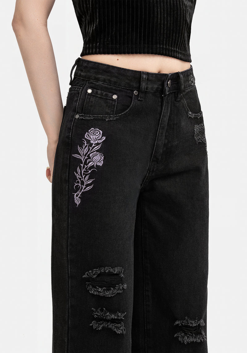 Deadhead Rose Embroidered Distressed Denim Barrel Leg Jeans