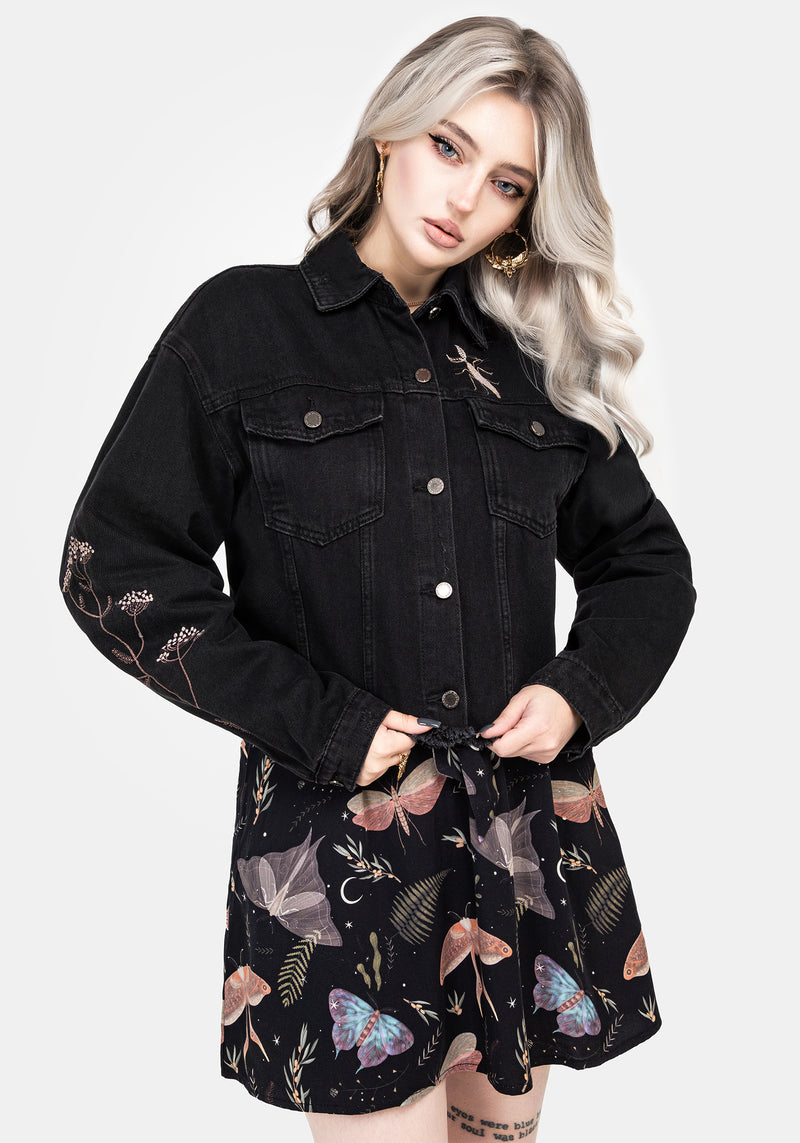 Griffinfly Embroidered Distressed Denim Jacket