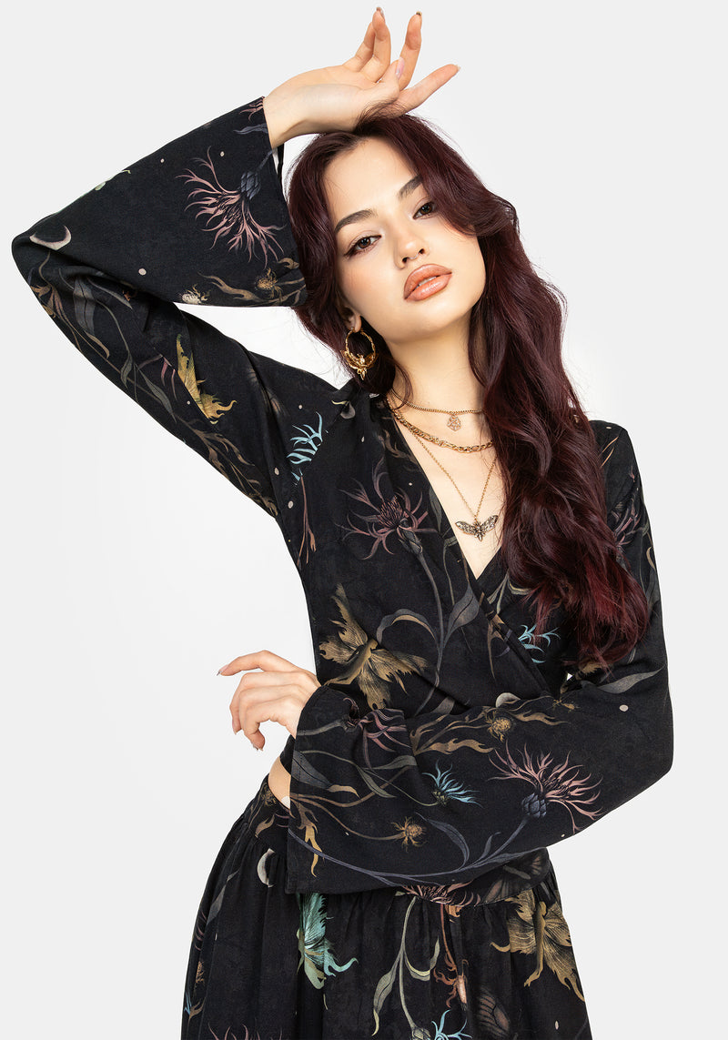 Rosanella Floral Print Flare Sleeve Wrap Top