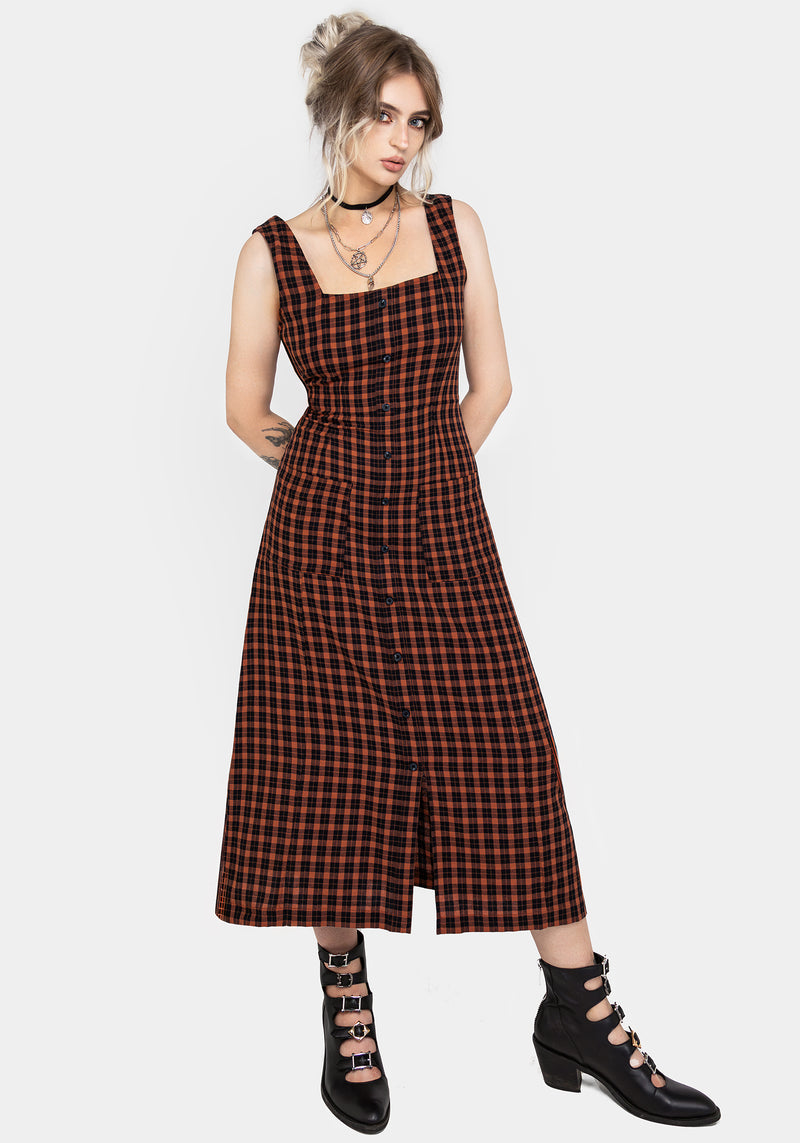 Terra Check Button Up Midaxi Dress - Orange