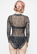 Serpente Print Mesh Long Sleeve Bodysuit