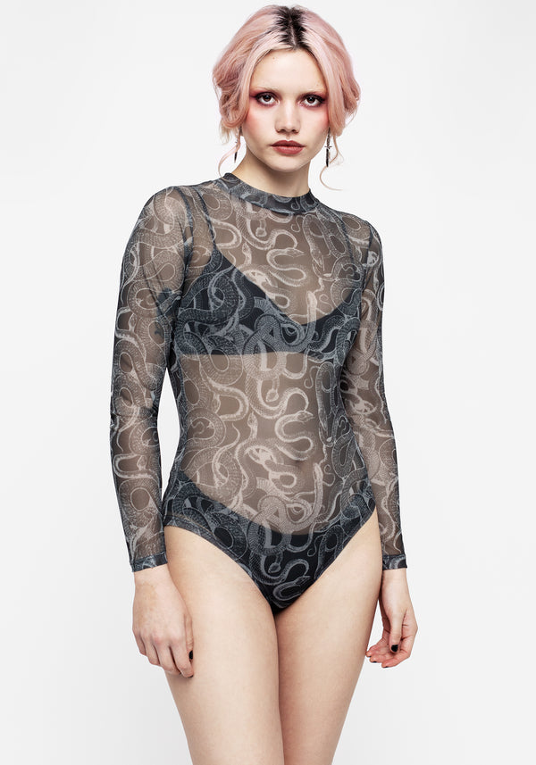 Serpente Print Mesh Long Sleeve Bodysuit