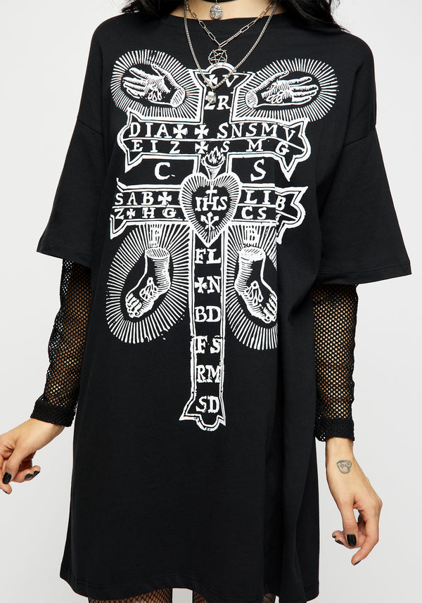 Stigmata Layered Fishnet Sleeve Tee Dress