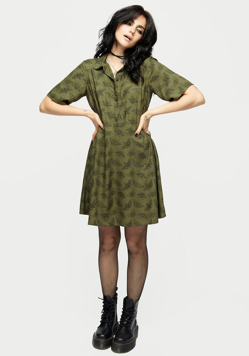 Mortmoth Print Mini Shirt Dress - Green