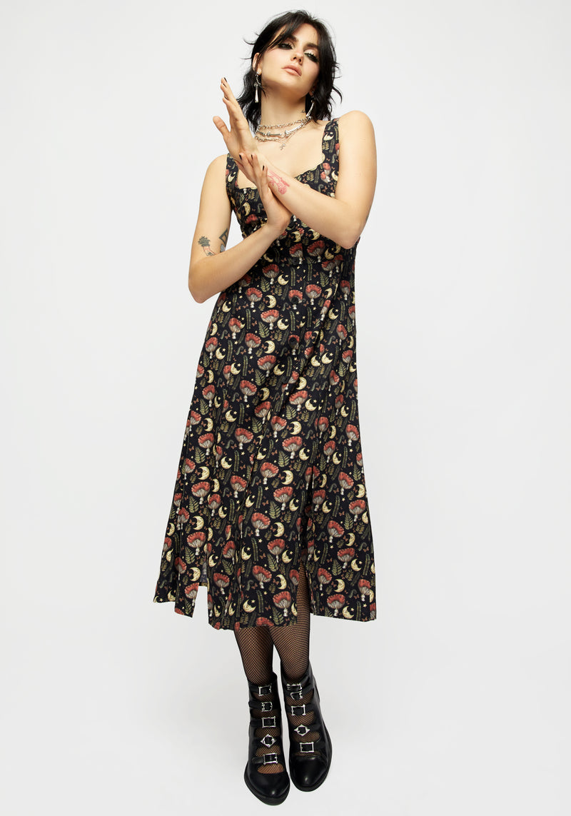 Dreamfast Mushroom Moon Print Square Neck Midi Dress