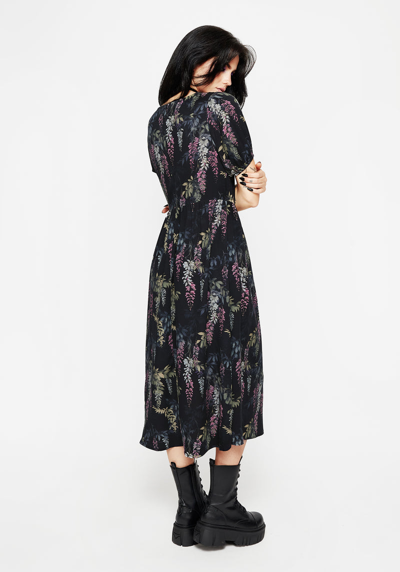 Wisteria Floral Print Puff Sleeve Midi Dress