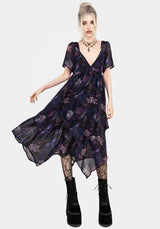 Dragonfly Floral Print Chiffon Handkerchief Hem Dress