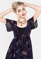 Dragonfly Floral Print Chiffon Handkerchief Hem Dress