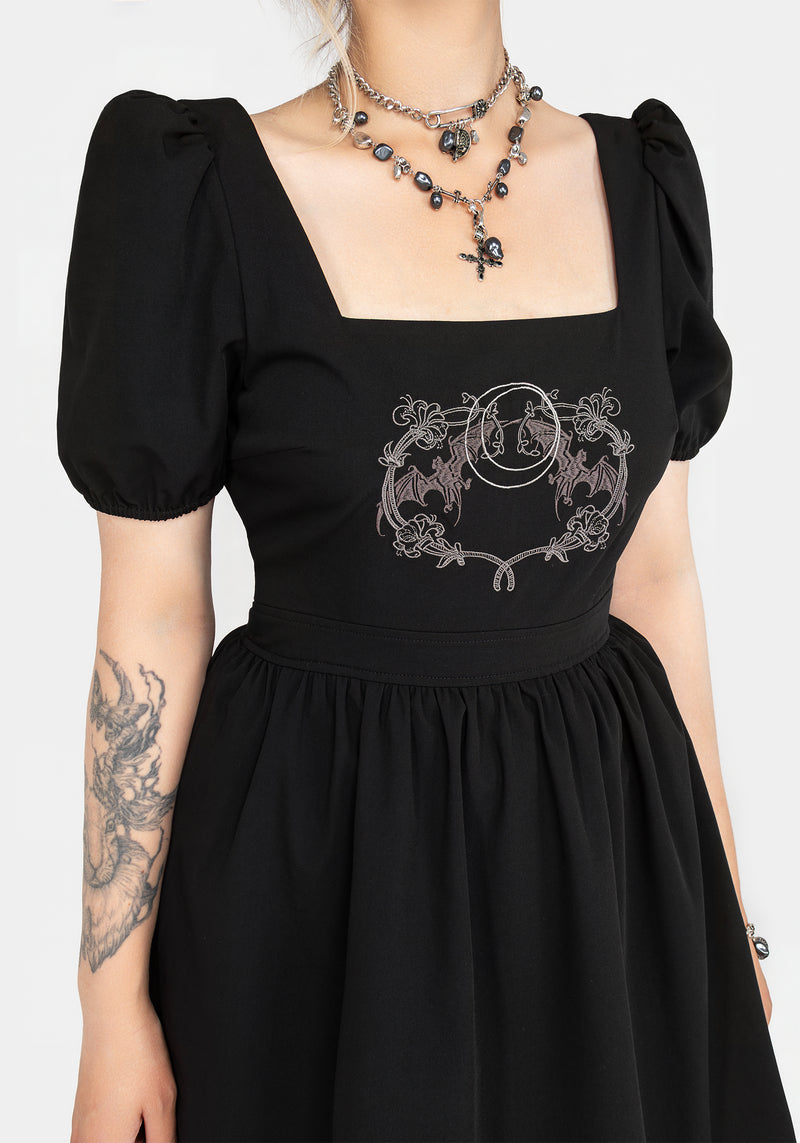 Vampyrum Bat Embroidered Puff Sleeve Mini Dress