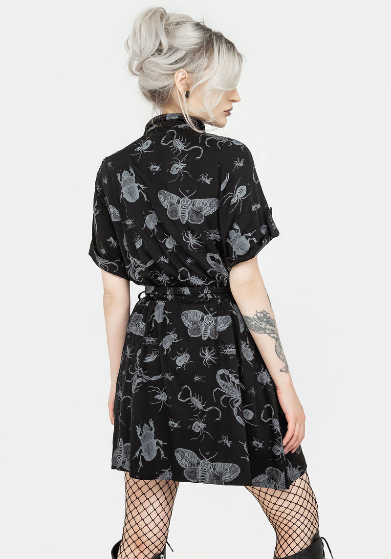 Parasite Bugs Short Sleeve Mini Shirt Dress - Black