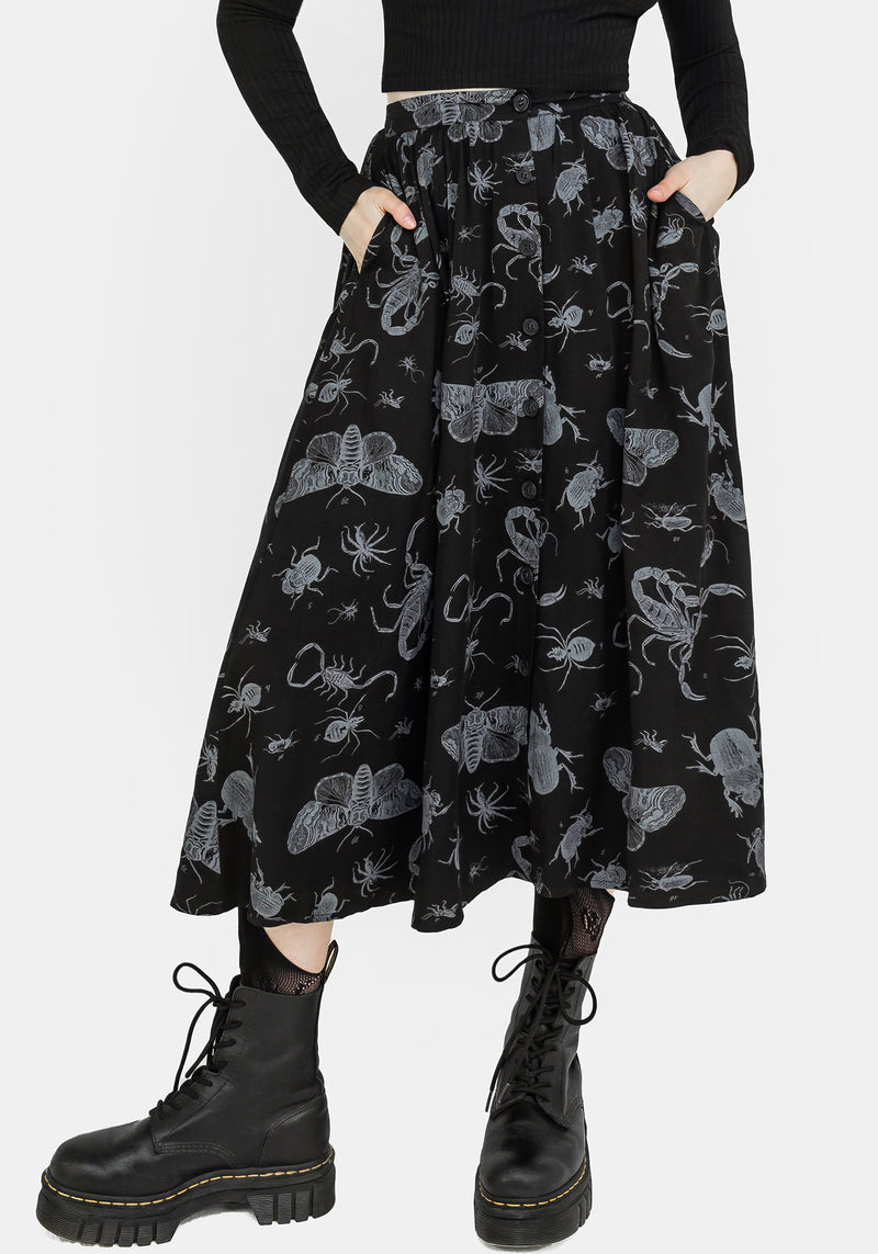 Parasite Bugs Button Front Midi Skirt - Black