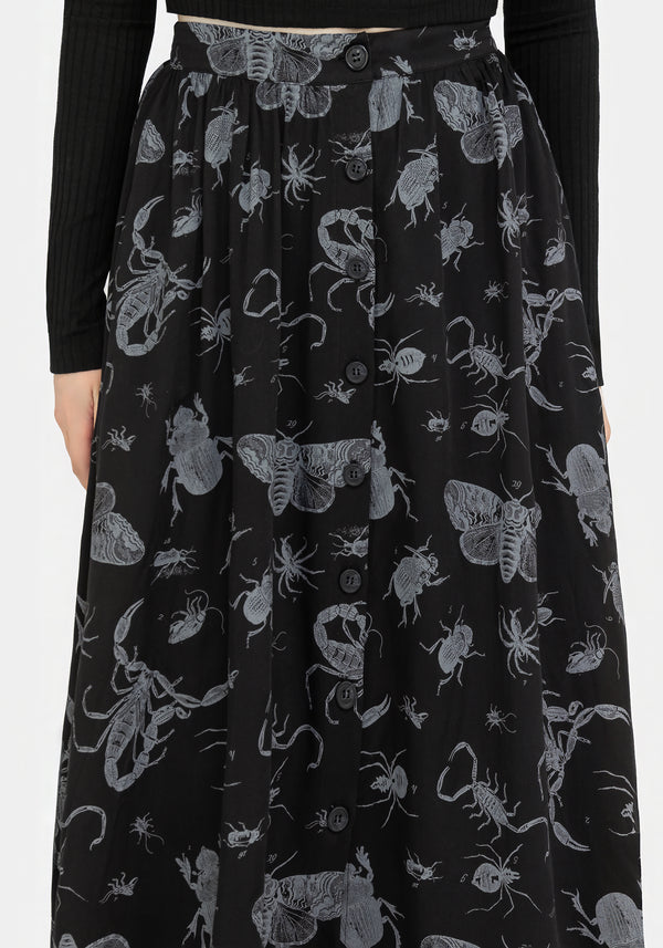 Parasite Bugs Button Front Midi Skirt - Black