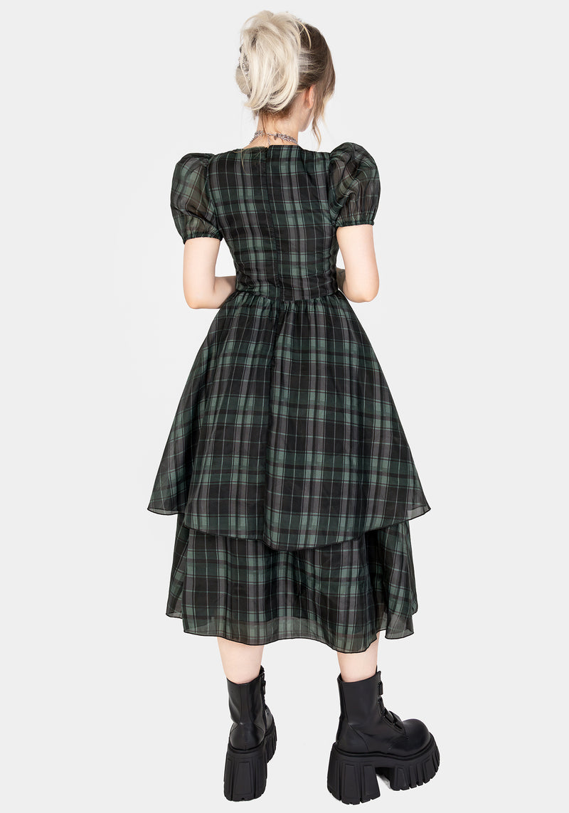 Checkmate Puff Sleeve Layered Organza Midi Dress