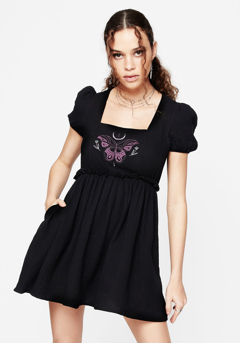 Cocoon Butterfly Embroidered Puff Sleeve Mini Dress