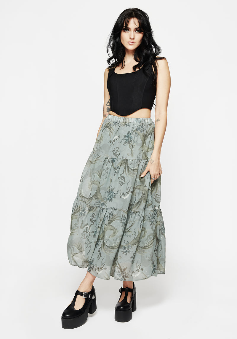 Sapphira Dragon Print Chiffon Tiered Maxi Skirt