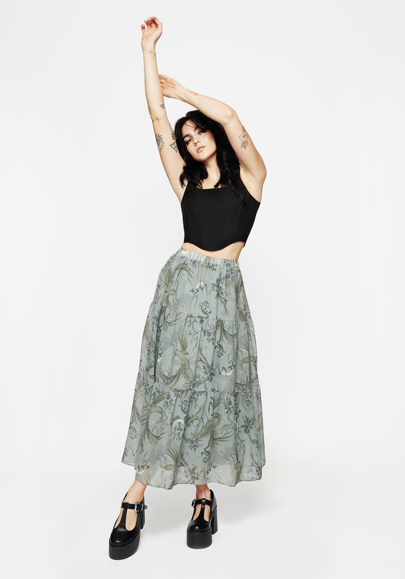 Sapphira Dragon Print Chiffon Tiered Maxi Skirt