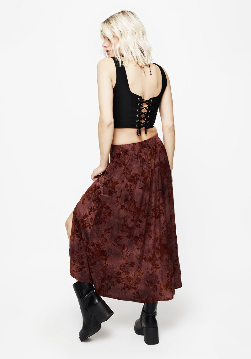 Wytchelm Floral Flocked Velour Midaxi Skirt - Red