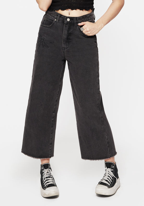 Dragonfly Embroidered Wide Leg Denim Culotte Jeans