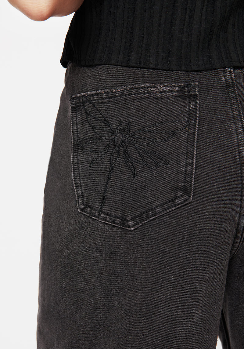 Dragonfly Embroidered Wide Leg Denim Culotte Jeans