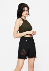 Aster Floral Embroidered Mid Length Denim Shorts